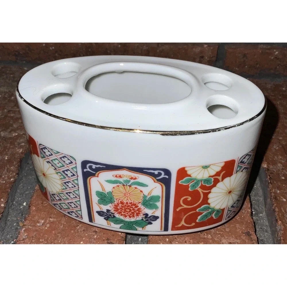 Vintage Imari Porcelain‎ Toothbrush Holder Floral Gold Trim Oval Ceramic Vanity
